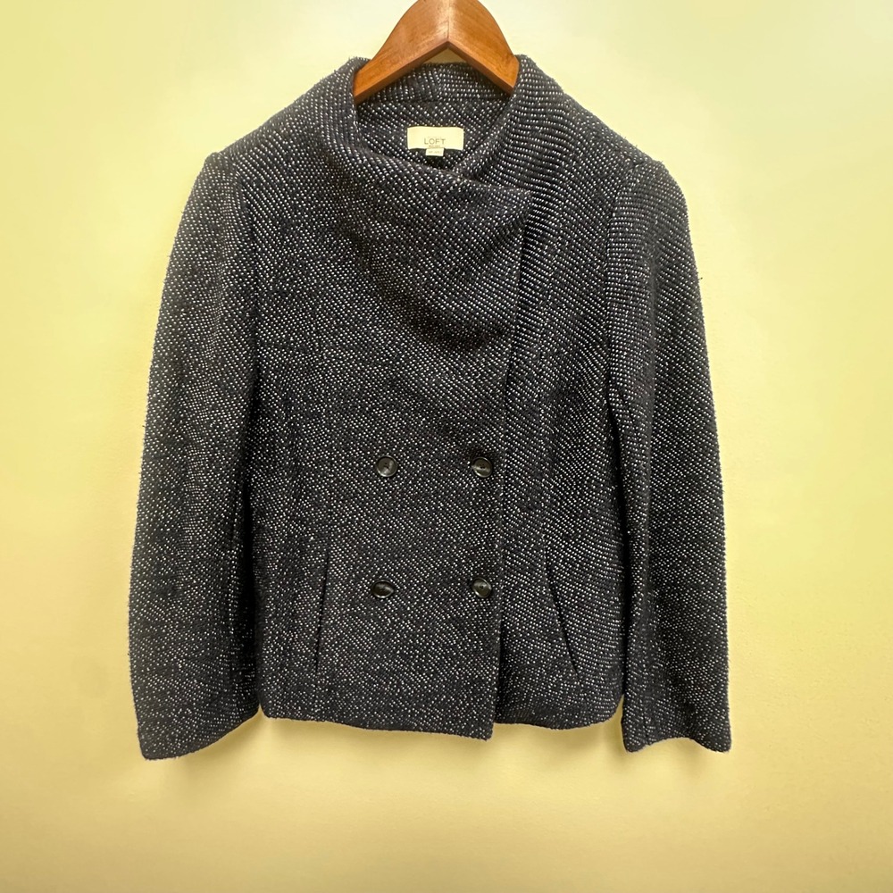 Loft Petites Navy Blue Textured Knit Double Breasted Asymmetrical Jacket MP